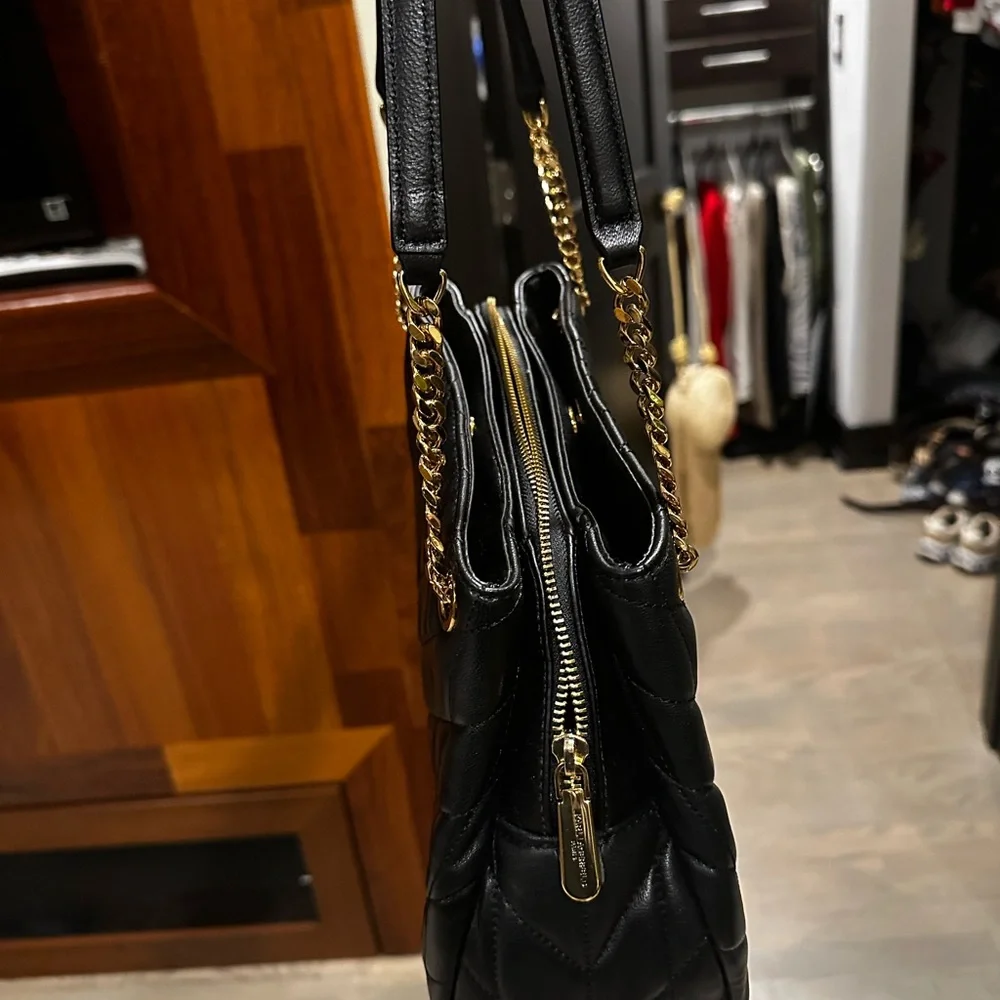 Karl Lagerfeld Black Quilted Shoulder Bag with Gold Chain Detail
